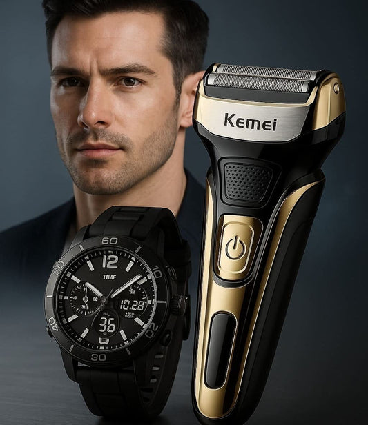 AFEITADORA KEMEI 3EN1 + RELOJ DE REGALO+